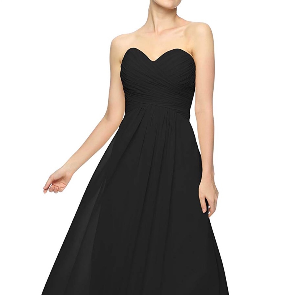 Floor length black chiffon dress.